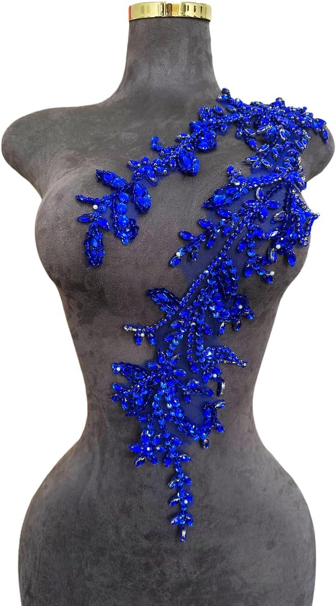 ArtistryXB Handmade Shining Acrylic Rhinestones on lace Applique Sewing Beads Stones Trim Patches Accessories for Wedding Dress 4.3X 23.6inches (Blue) - Image 3